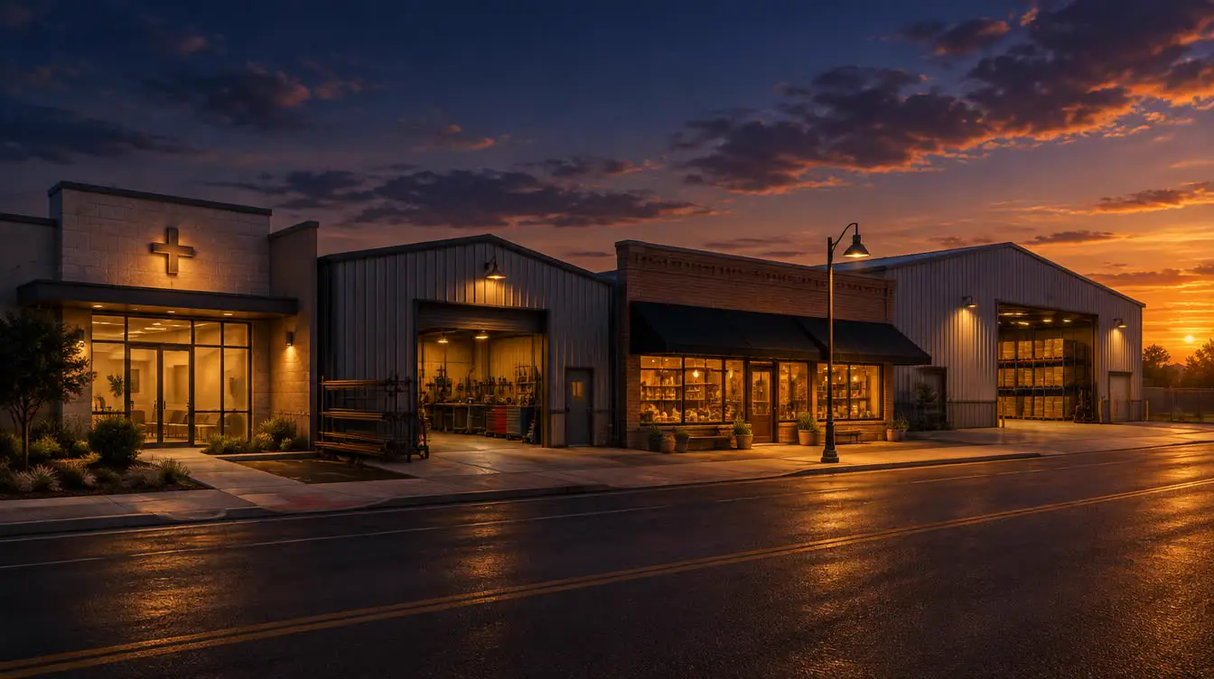 Illustration of a Texas commercial street at dusk, a clinic, a workshop and a warehouse lit side by side.